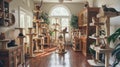 a nice house adorned with multiple cat trees, each occupied by contented felines lounging and playing amidst the