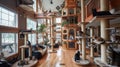 a nice house adorned with multiple cat trees, each occupied by contented felines lounging and playing amidst the