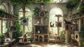 a nice house adorned with multiple cat trees, each occupied by contented felines lounging and playing amidst the