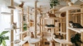 a nice house adorned with multiple cat trees, each occupied by contented felines lounging and playing amidst the