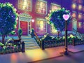 Romantic street. Silhouettes in the windows. Location illustration