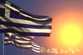 Nice many Greece flags on sunset placed diagonal with bokeh and place for content - any occasion flag 3d illustration