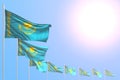 Nice independence day flag 3d illustration - many Kazakhstan flags placed diagonal on blue sky with space for your content