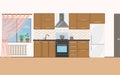Nice kitchen in warm brown tones gas stove, plates, mugs, cups. Vector illustration.