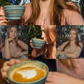 Nice lady blond hair drinking from cup of coffee in hands. Collage