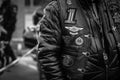 Nice learther jacket of bikers of HOG Harley Davidson at Crazy Hohols MFC opening season in Ukraine Kiev may 2021 Royalty Free Stock Photo