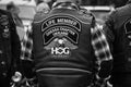 Nice learther jacket of bikers of HOG Harley Davidson at Crazy Hohols MFC opening season in Ukraine Kiev may 2021 Royalty Free Stock Photo