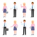 Nice looking, young business man, woman vector. Standing side view, writing notes, pointing finger male, female cartoon character Royalty Free Stock Photo