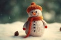 The nice lovely snowman made of knitting threads. A template for a New Year\'s card.