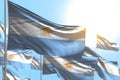Nice many Argentina flags are waving against blue sky illustration with soft focus - any celebration flag 3d illustration