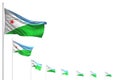 Nice many Djibouti flags placed diagonal isolated on white with place for your text - any feast flag 3d illustration