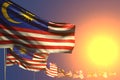 Pretty labor day flag 3d illustration - many Malaysia flags on sunset placed diagonal with bokeh and place for your content