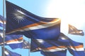 Pretty any holiday flag 3d illustration - many Marshall Islands flags are waving against blue sky picture with bokeh