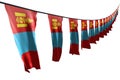 Nice many Mongolia flags or banners hanging diagonal with perspective view on rope isolated on white - any occasion flag 3d