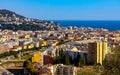 Nice metropolitan view with Colline du Chateau Castle Hill, Mont Boron Mountain, Vielle Ville, Riquier and Port district in France Royalty Free Stock Photo