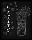 Nice mojito of ice cold glass on a black background. Soda with w