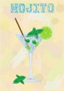 Nice mojito of ice cold glass on a color background. Soda with w