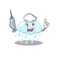 A nice nurse of cloudy rainy mascot design concept with a syringe Royalty Free Stock Photo