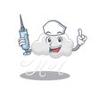 A nice nurse of cloudy windy mascot design concept with a syringe Royalty Free Stock Photo