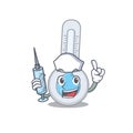 A nice nurse of cold thermometer mascot design concept with a syringe Royalty Free Stock Photo