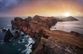 Nice ocean landscape - Dramatic sunrise over colorful cliffs of Ponta de Sao Lourenco in Madeira Island, Portugal Royalty Free Stock Photo