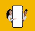 Nice Offer. Two Smiling Black Ladies Pointing At Big Blank Smartphone Royalty Free Stock Photo