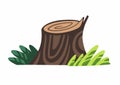 Nice old tree stump with grass isolated on white vector. Cartoon stylized forest clip art, stock flat illustration. Royalty Free Stock Photo