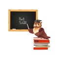 Nice owl sitting on the stack of books and pointing a blackboard with the text back to school Royalty Free Stock Photo