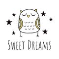 Nice owl. Vector illustration in Scandinavian style. Illustration for the bedroom. The inscription in the Scandinavian style, swee