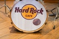 Hard Rock Cafe International logo brand and text sign chain on musical bass drum in nice france