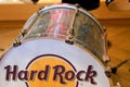 Hard Rock Cafe text sign and brand logo branch of legendary international chain on musical bass