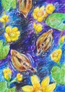 Nice painted ducks. Bright lake with yellow jugs top view. Handwork pattern with colored watercolor pencils