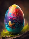 Nice painted easter egg with a colorful tree and a little orange bird