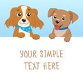 Nice Pet. Cartoon Vector Illustration Of Funny Dogs With White Card Or Board Greeting Card Design.