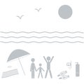 Nice picture of the family holiday by the sea: sun, waves, seagulls, beach umbrella, diving equipment