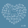 Nice picture of great dane silhouette on a background of dog tracks and bones in the form of heart.