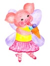 Nice pig. Symbol of year. Watercolor illustration.