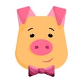 Nice piglet head with bow tie in vector, cartoon