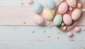 Nice pink, blue andyellow easter eggs on blue and pink wood background