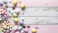 Nice pink, blue, purple and yellow easter eggs on white and pink wood background