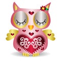 Nice pink smiling owl with a lilac flower on the ear and ornament on the heart and wings