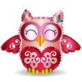 Nice pink smiling owl with a lilac flower on the ear and ornament on the heart and wings