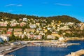 Nice Port and yacht marina district sunset panorama with Mont Boron hill at French Riviera of Mediterranean Sea Harbor in France Royalty Free Stock Photo