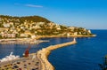 Nice Port and yacht marina district sunset panorama with Mont Boron hill at French Riviera of Mediterranean Sea Harbor in France Royalty Free Stock Photo