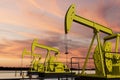 Nice pumpjack oil extraction and cloudy sky in sunset 3D rendering