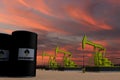 Nice pumpjack oil extraction and cloudy sky in sunset with the ROSNEFT RUSSIA flag on oil barrels 3D rendering
