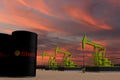 Nice pumpjack oil extraction and cloudy sky in sunset with the SHELL UNITED STATES OF AMERICA USA flag on oil barrels 3D rendering Royalty Free Stock Photo