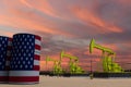 Nice pumpjack oil extraction and cloudy sky in sunset with the UNITED STATES OF AMERICA USA flag on oil barrels 3D rendering Royalty Free Stock Photo