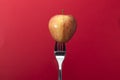 Juicy red apple that has been stuck onto the end of a fork sitting in front of a vibrant red background.