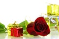 Nice red rose and gift boxes with copy space Royalty Free Stock Photo